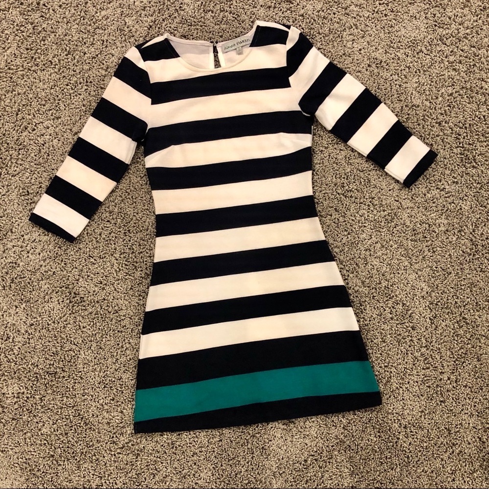 5/$25 Navy blue, white, & teal striped dress